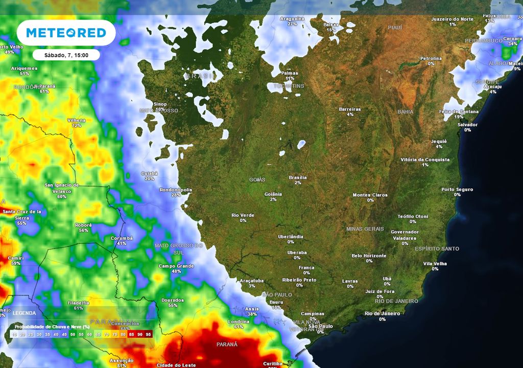Mapa de probabilidade de chuva no sábado de tarde.