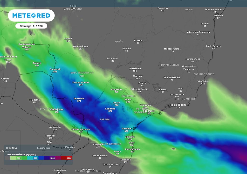 Previsão de rios atmosféricos no domingo de manhã.