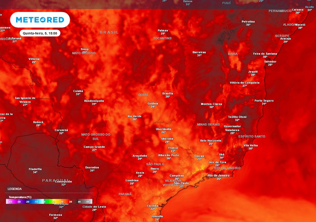 Previsão de temperaturas máximas para esta quinta-feira.