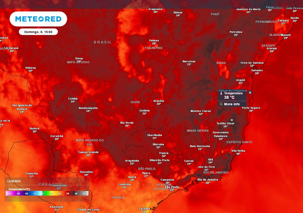 Previsão de temperaturas máximas para o próximo domingo.
