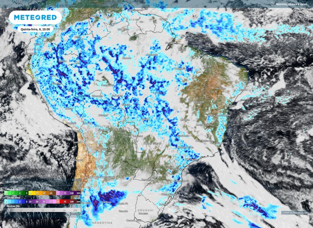 Previsão de chuvas e nebulosidade na tarde desta quinta-feira (8), de acordo com o modelo ECMWF.