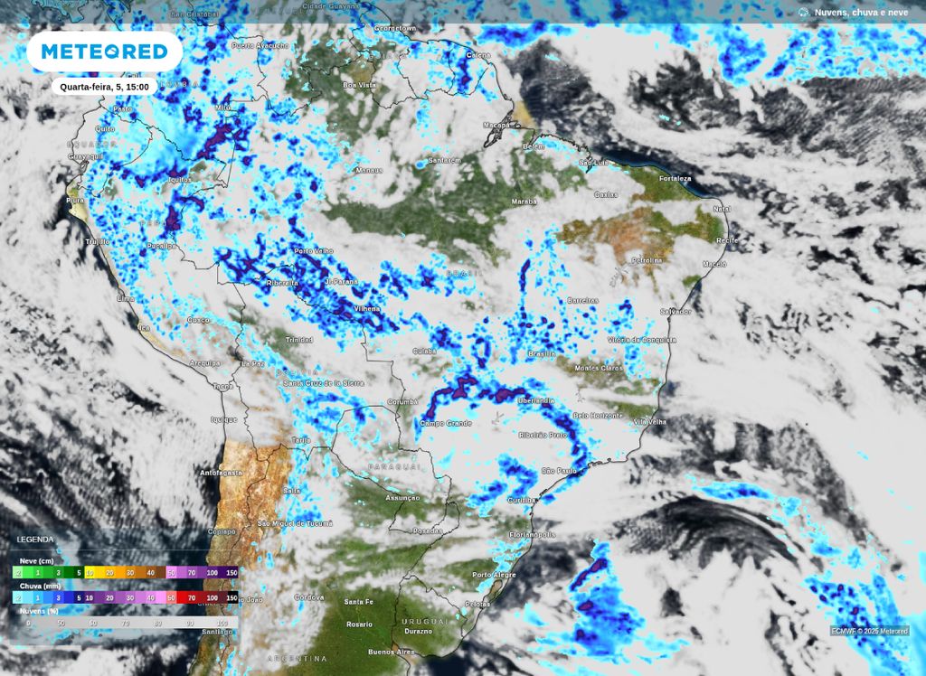 Previsão de precipitação para a tarde desta quarta-feira (5). Previsão de precipitação para a tarde desta quarta-feira (5).