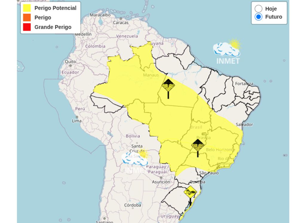 INMET emite alerta de perigo potencial para chuvas intensas e tempestades em 13 estados. INMET emite alerta de perigo potencial para chuvas intensas e tempestades em 13 estados.