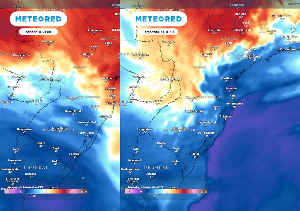 Previsão de anomalias de temperatura no sábado de noite e segunda-feira de noite. Previsão de anomalias de temperatura no sábado de noite e segunda-feira de noite mostram uma massa de ar frio avançando pela região Sul e também parte do Sudeste nos próximos dias.