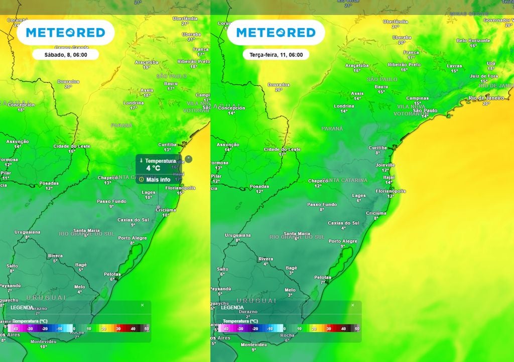 Previsão de temperaturas mínimas no Sábado (esquerda) e na terça-feira (direita). Previsão de temperaturas mínimas no Sábado (esquerda) e na terça-feira (direita) mostra que o frio vai se espalhar de maneira ampla pela região Sul e também Sudeste nos próximos dias.