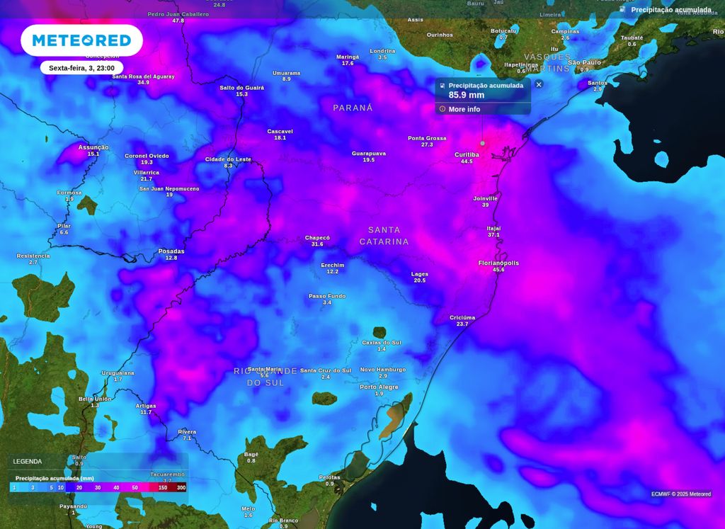 Precipitação acumulada prevista entre quarta (1) e sexta-feira (3). Precipitação acumulada prevista entre quarta (1) e sexta-feira (3).