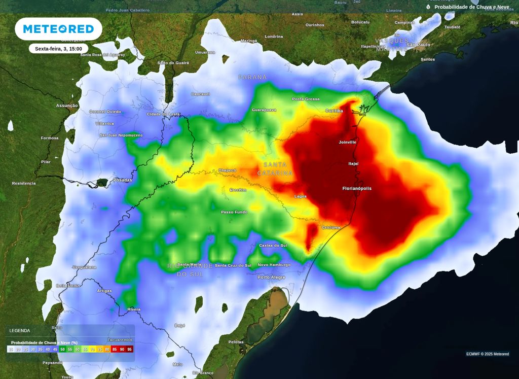 Mapa de probabilidade de chuva sobre a Região Sul na tarde desta sexta-feira (3). Mapa de probabilidade de chuva sobre a Região Sul na tarde desta sexta-feira (3).