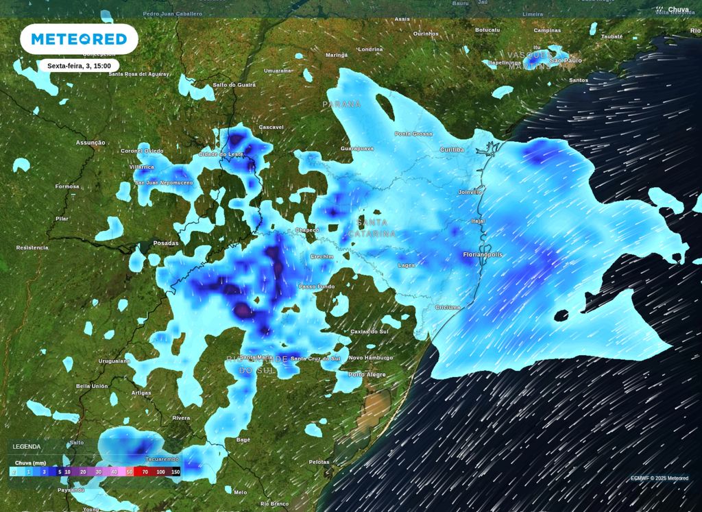 Previsão de precipitação para a tarde de sexta-feira (3) sobre a Região Sul do Brasil. Previsão de precipitação para a tarde de sexta-feira (3) sobre a Região Sul do Brasil.