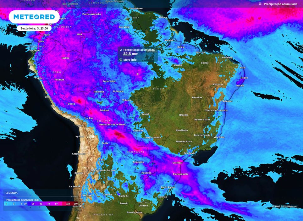Mapa de precipitação acumulada prevista entre quarta (1) e sexta-feira (3) para o Brasil. Mapa de precipitação acumulada prevista entre quarta (1) e sexta-feira (3) para o Brasil.