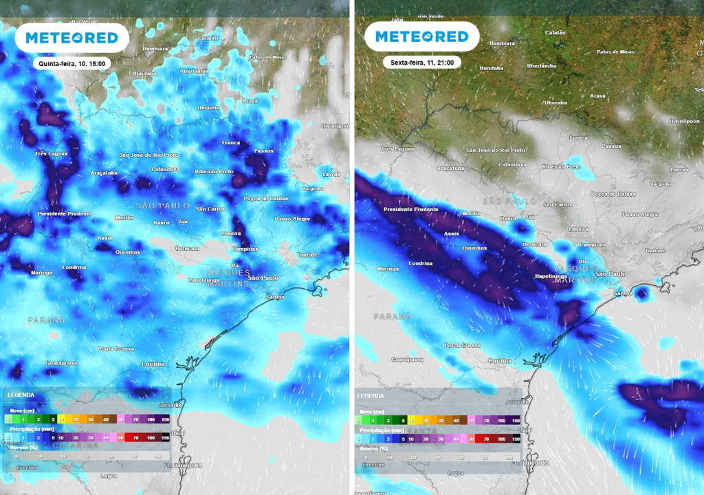 Previsão de chuva (mm) para quinta-feira (10) às 15h à esquerda e para a sexta-feira (11) às 21h à direita, segundo o modelo europeu ECMWF.