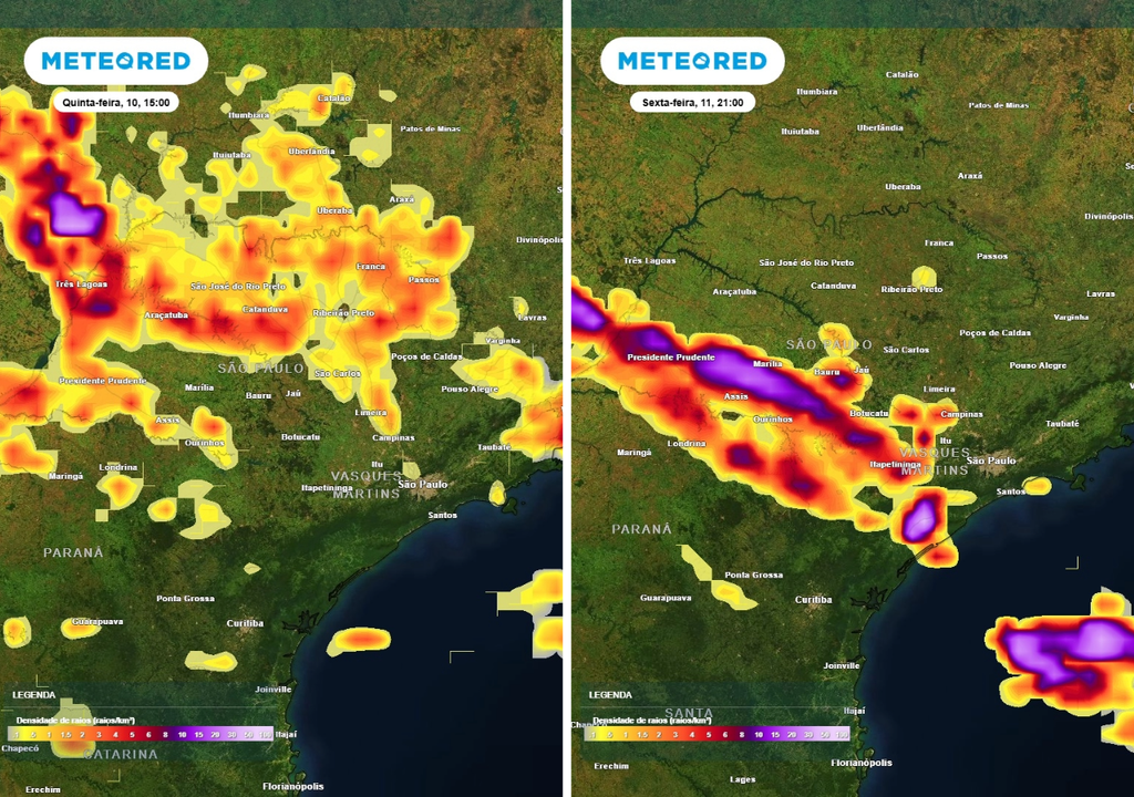 Previsão de densidade de raios para quinta-feira (10) às 15h à esquerda e para a sexta-feira (11) às 21h à direita, segundo o modelo europeu ECMWF.