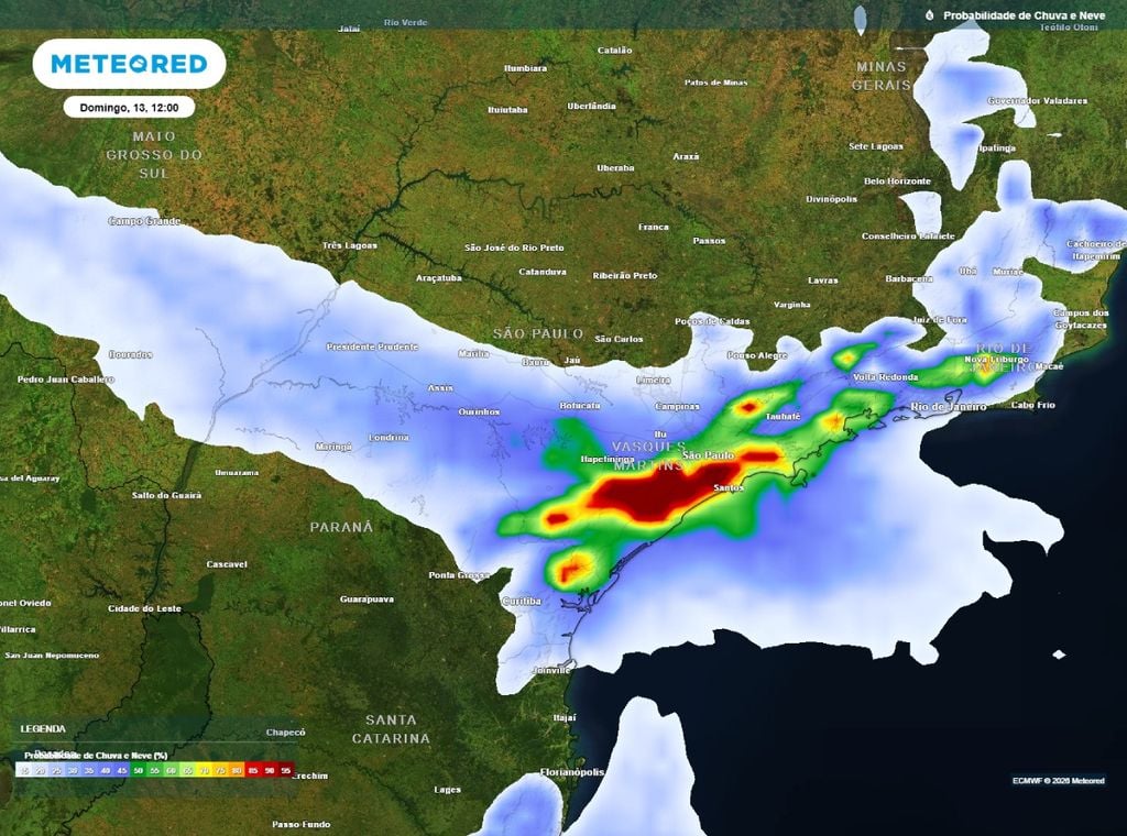 Previsão da probabilidade de precipitação (%) para o domingo (13) às 12h, segundo o modelo europeu ECMWF.