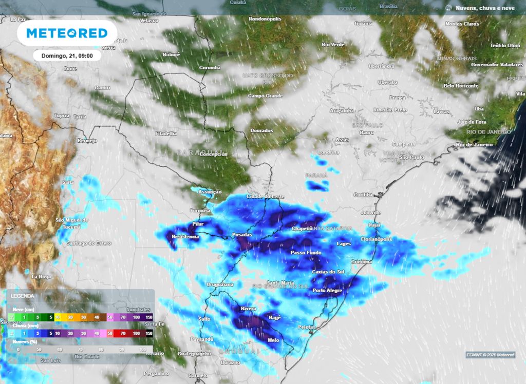 Precipitação prevista para a manhã de domingo (21). Precipitação prevista para a manhã de domingo (21).