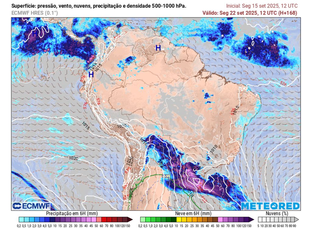 Mapa do modelo ECMWF para a previsão de precipitação durante a tarde de segunda-feira (22). Mapa do modelo ECMWF para a previsão de precipitação durante a tarde de segunda-feira (22).