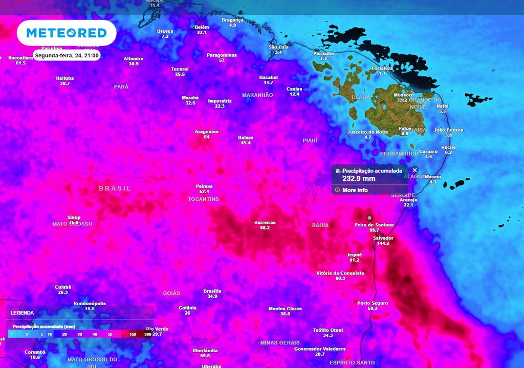 Previsão de acumulados de chuva totais até a segunda-feira. Previsão de acumulados de chuva totais até a segunda-feira.