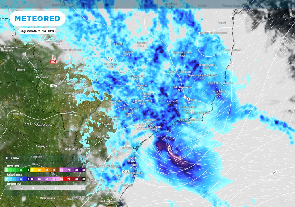 Previsão de pressão, nebulosidade e chuva na segunda-feira durante a tarde. Previsão de pressão, nebulosidade e chuva na segunda-feira durante a tarde.