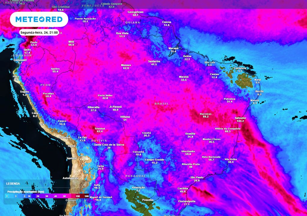 Previsão de acumulados totais de chuva até a segunda-feira. Previsão de acumulados totais de chuva até a segunda-feira.