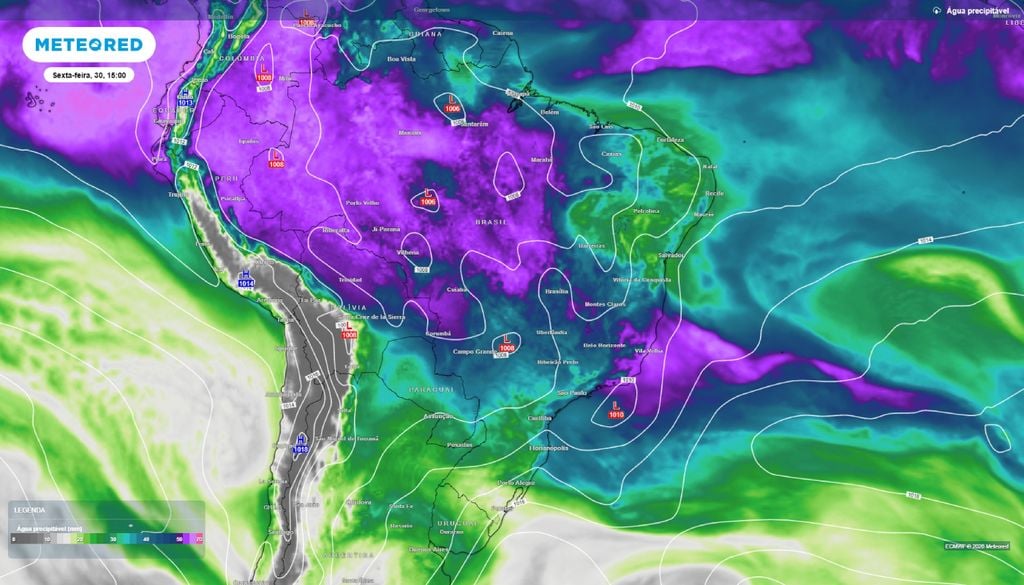 Teor de água disponível na atmosfera é destaque em áreas do Norte, Centro-Oeste e Sudeste nesta sexta (30). Além disso, baixa pressão se posiciona na costa leste do Brasil.