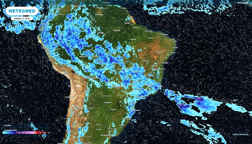 A previsão de chuva para este sábado (31) mostra áreas com potencial para precipitação de forte intensidade em boa parte do país.
