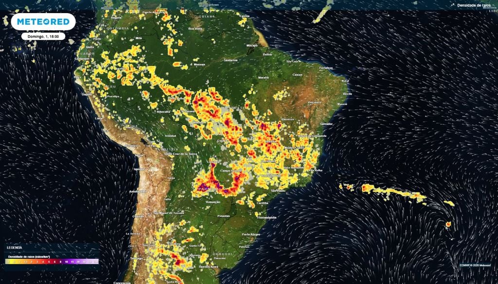 O mapa mostra que no domingo (1), boa parte do Brasil estará sob alerta para riscos de temporais.