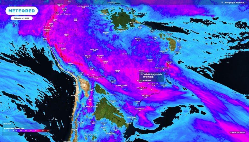 Precipitação acumulada A previsão mostra grandes volumes de chuva para o Sudeste do Brasil, superando os 100 mm até o final da sexta-feira (30).