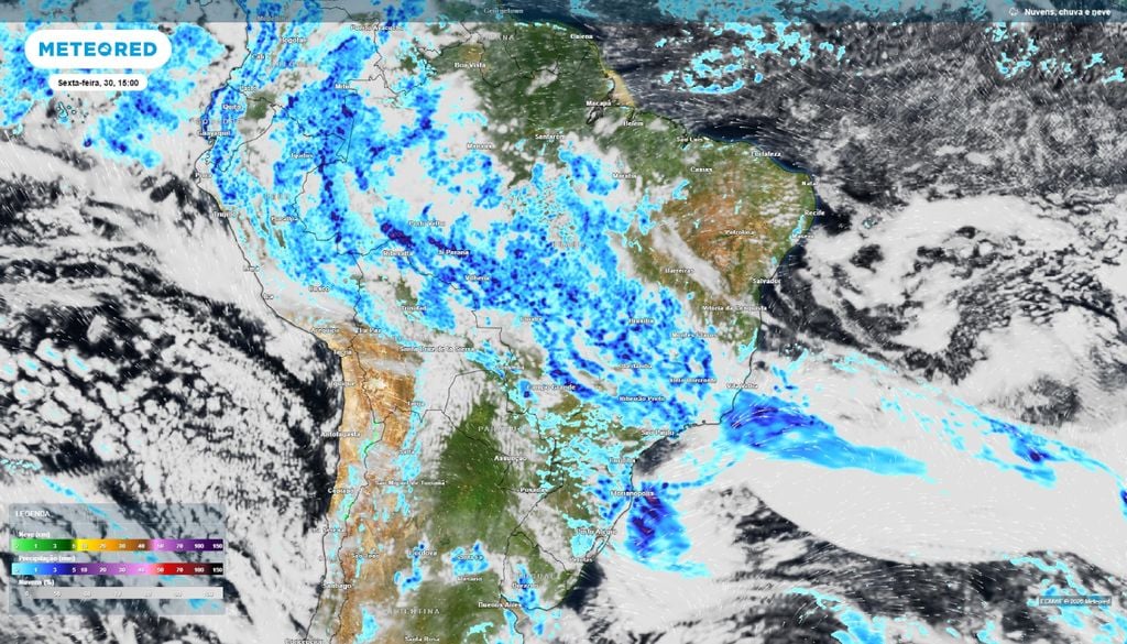 Precipitação e nebulosidade Chuva prevista para a tarde de sexta (30), de acordo com o modelo ECMWF.
