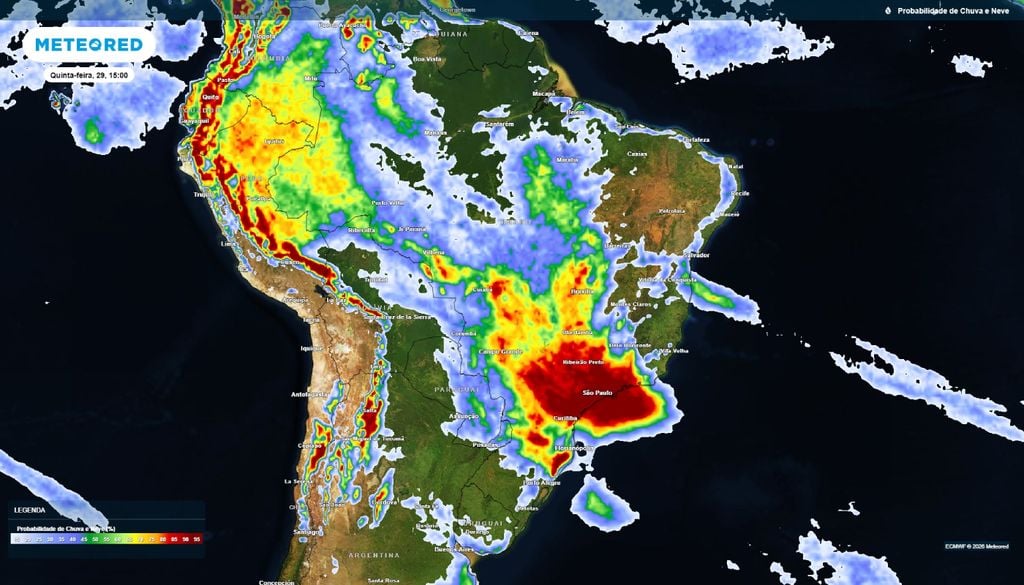 Probabilidade de chuva Mapa mostra as chanches de chuva nesta quinta (29). Destaque para o Sudeste do Brasil.