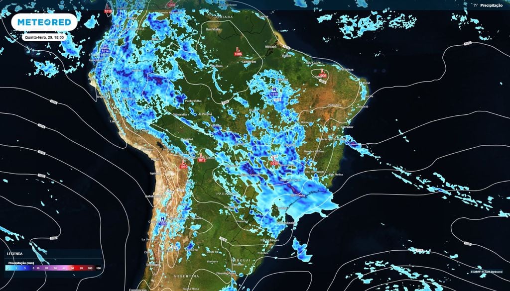 Chuva e pressão Chuva e pressão a nível médio do mar para a tarde de quinta (29).