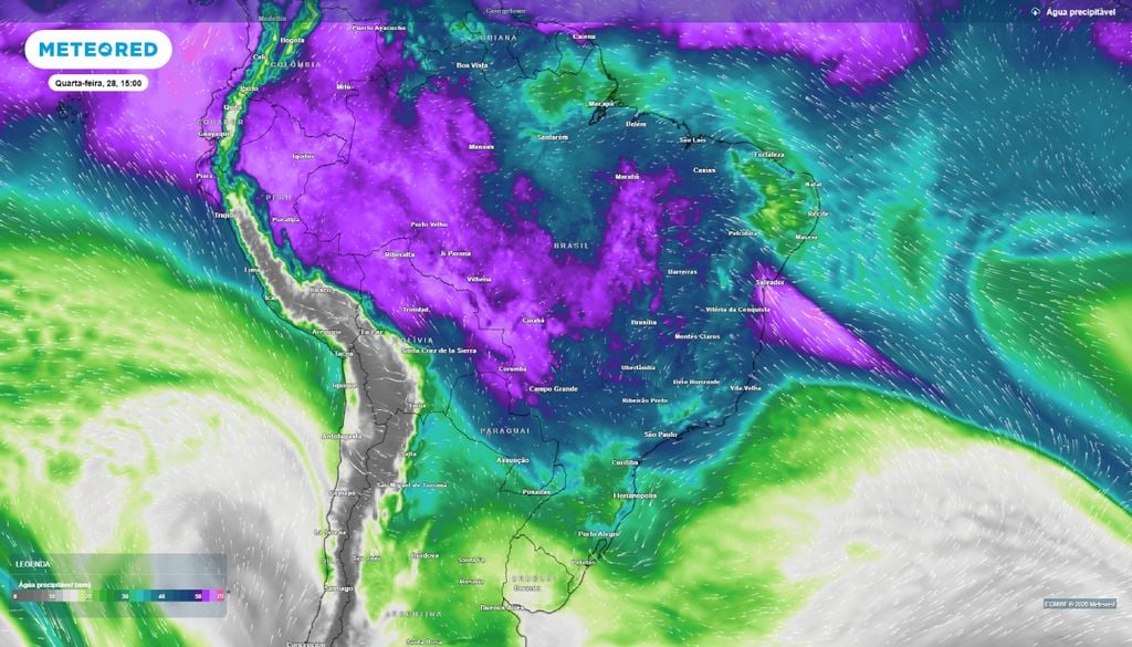 água precipitável Água precipitável para a tarde desta quarta-feira (28). Níveis começam a aumentar sobre o Centro-Oeste e Sudeste do país.