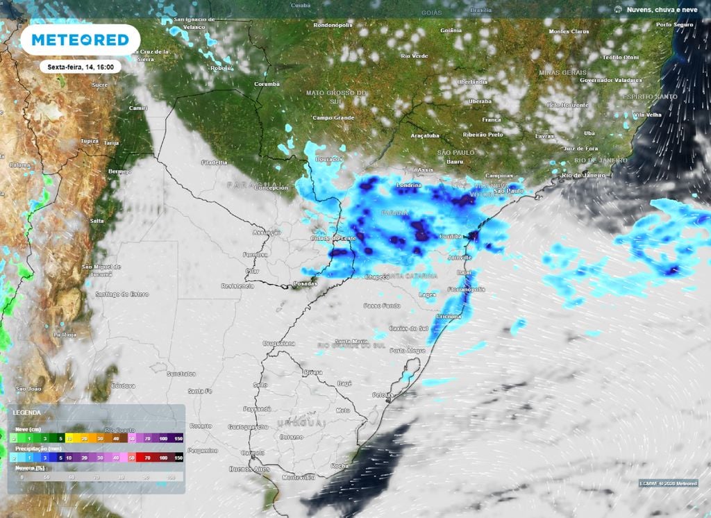 Precipitação e nebulosidade. Mapa de precipitação prevista para a tarde de sexta-feira (14), de acordo com o modelo ECMWF.