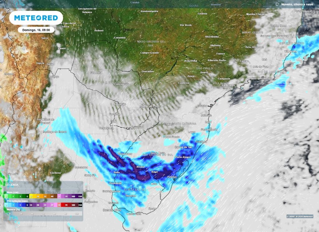 Precipitação. Chuva e presença de nuvens prevista para o domingo (16). O modelo indica virada no tempo sobre o RS.