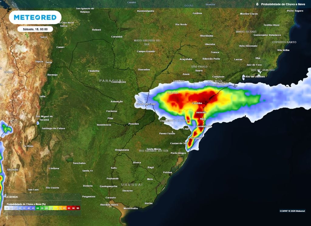 Probabilidade de precipitação. Mapa de chances de chuva para a madrugada de sábado (15).