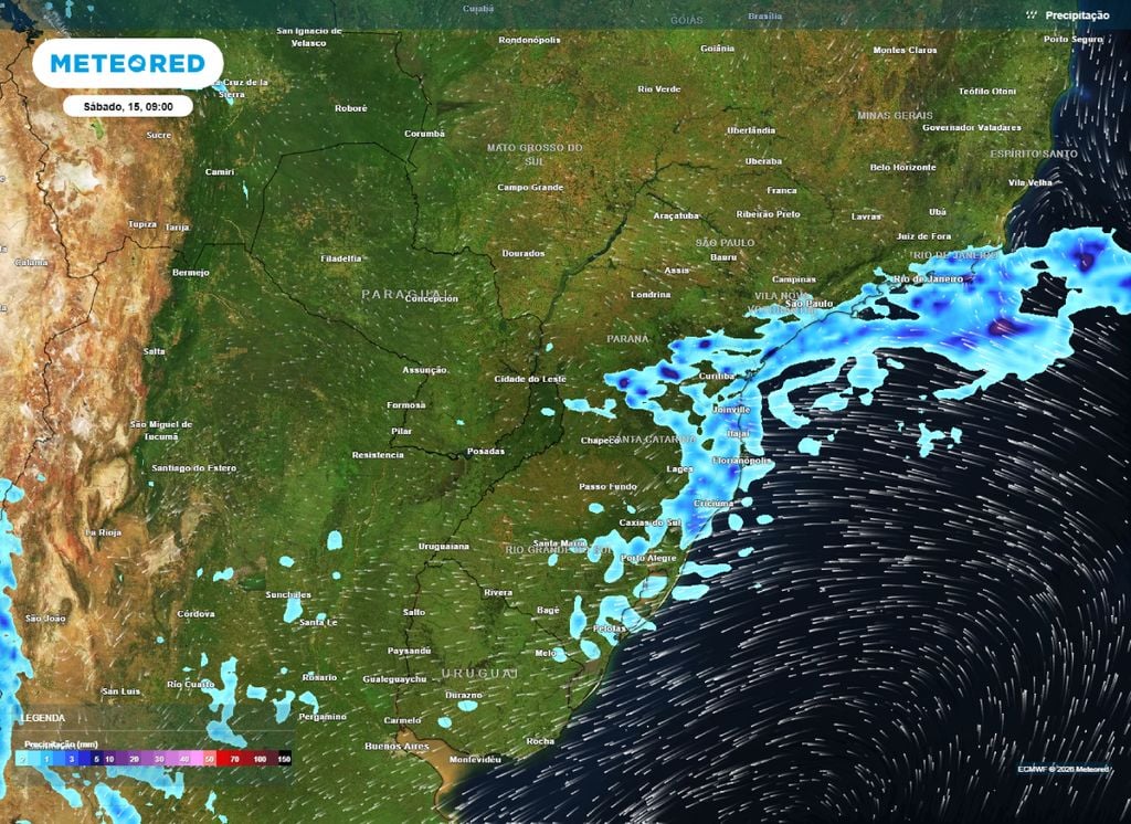Precipitação e ventos O mapa mostra locais em que as chuvas podem atingir durante a manhã deste sábado (15).