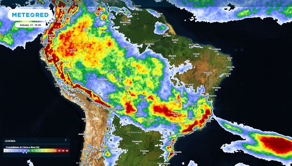 Previsão de probabilidade de chuva no sábado durante a tarde. Previsão de probabilidade de chuva no sábado durante a tarde ilustra regiões que serão mais afetadas pelas chuvas ao longo do dia. Tempestades se formam de tarde e de noite.