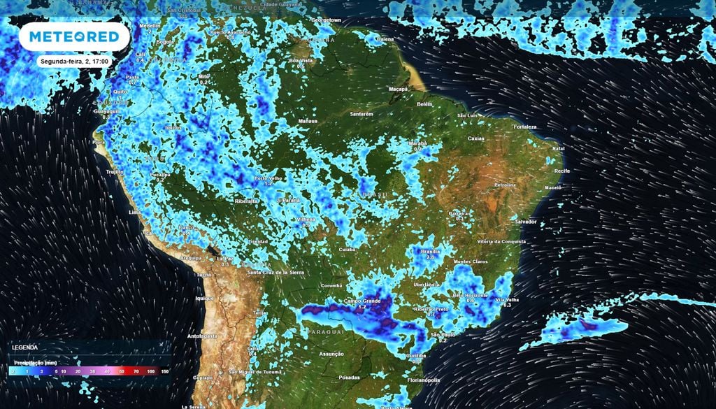 Previsão de chuvas e ventos na segunda-feira durante a tarde. Previsão de chuvas e ventos na segunda-feira durante a tarde mostra que as pancadas de chuva perdem força sobre o Sudeste e o Centro-Oeste, mas ganham força no Sul do país.