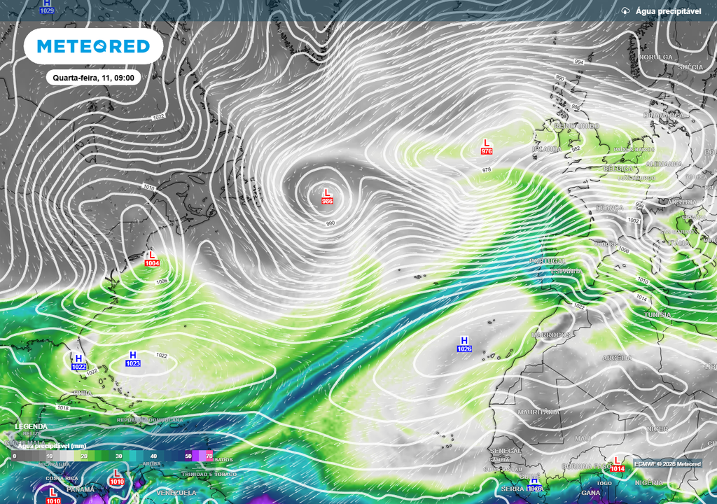 Eis a previsão para quarta-feira (11) da quantidade de água precipitável do novo rio atmosférico procedente das Caraíbas que atingirá Portugal continental.