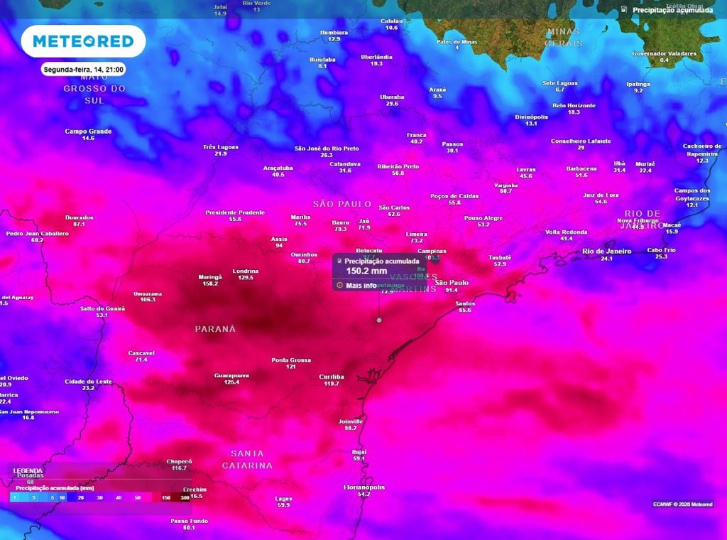 Previsão de precipitação acumulada (mm) entre hoje (10) e a noite (21h) de segunda-feira (14), segundo o modelo europeu ECMWF.