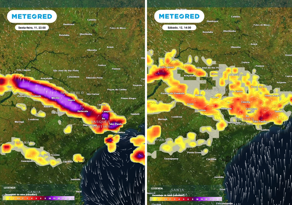 Previsão de rajadas de vento (km/h) para a sexta-feira (11) às 23h à esquerda e para o sábado (12) às 14h à direita, segundo o modelo europeu ECMWF.
