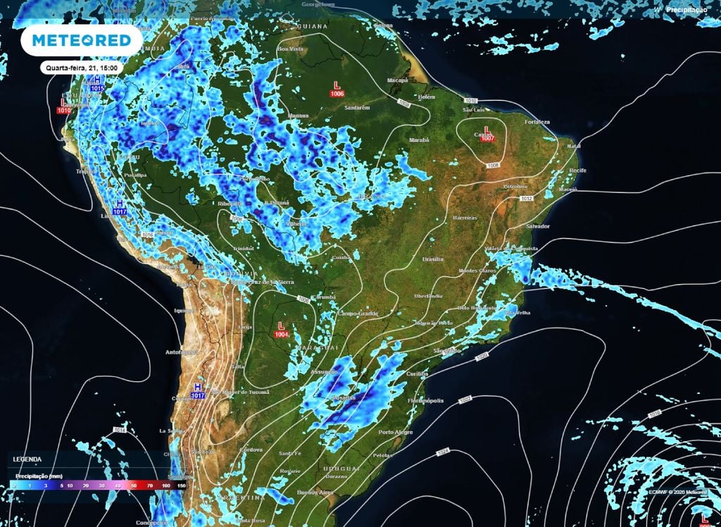 O mapa mostra áreas do Sul e Norte do Brasil com potencial para chuvas intensas nesta quarta (20).