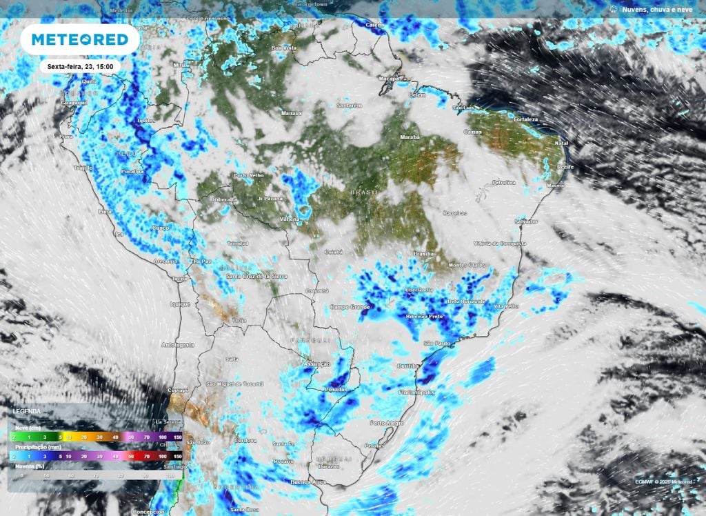 A previsão indica que as chuvas perdem força sobre o Sul do Brasil na tarde de sexta (23), mas pancadas de chuva ainda ocorrem de forma pontual.