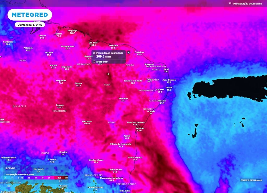 Acumulado de chuva podem superar os 200 mm no Nordeste até a quinta-feira, 5 de março.