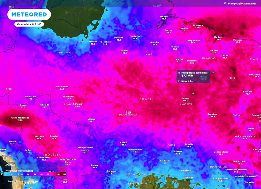 Acumulado de chuva podem superar os 170 mm no Norte até a quinta-feira, 5 de março.