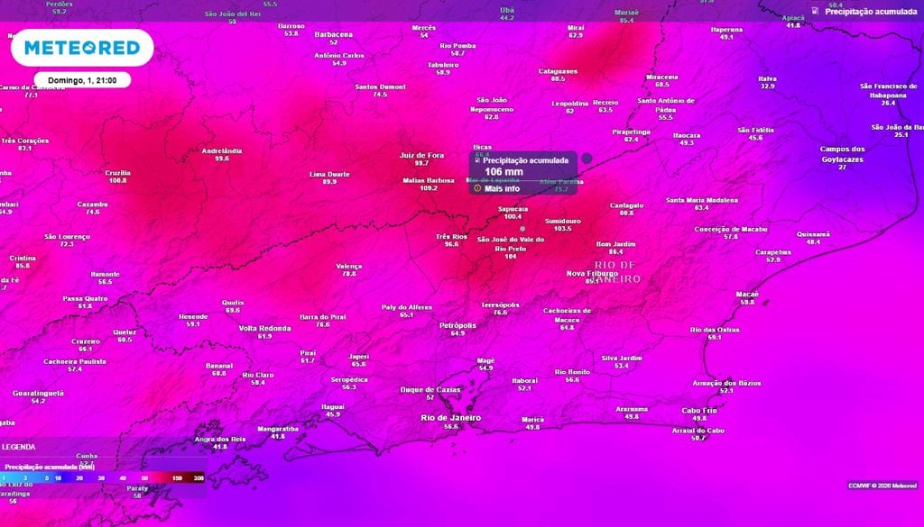 Previsão do acumulado de precipitação (em mm) entre hoje (27) e a noite (21h) do domingo (1º de novembro).