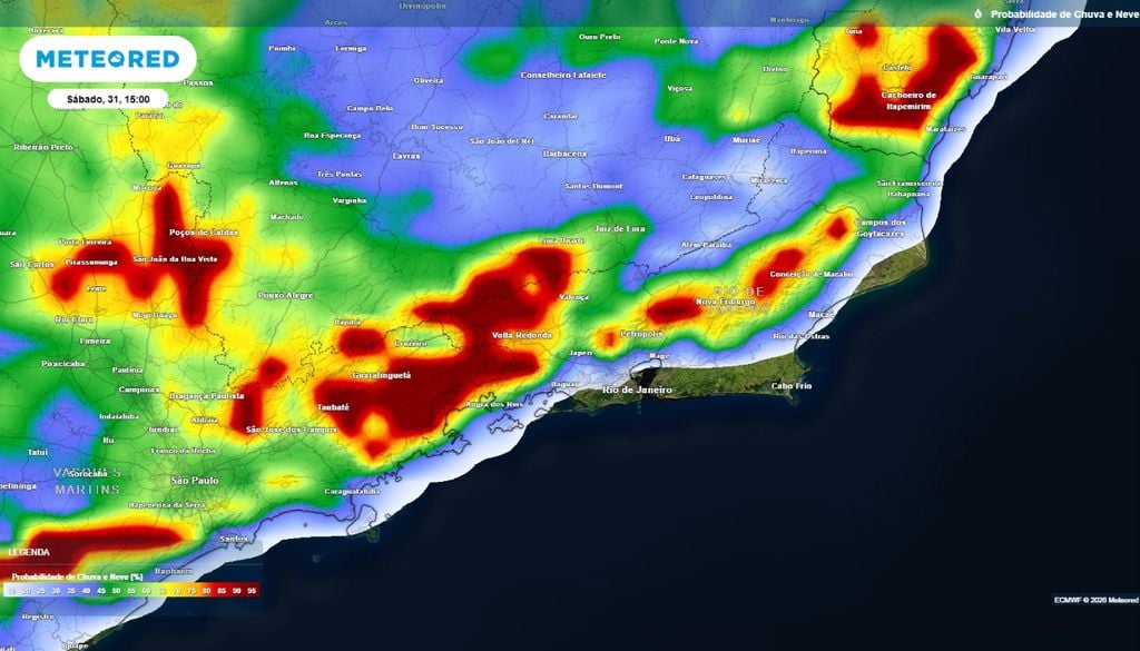 Previsão da probabilidade (%) de precipitação para o sábado (31) às 15h.