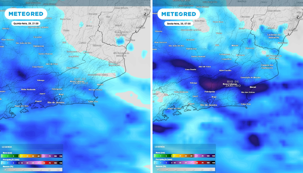Previsão de precipitação (mm) e nebulosidade para quinta-feira (29) às 21h à esquerda e para sexta-feira (30) às 7h à direita.