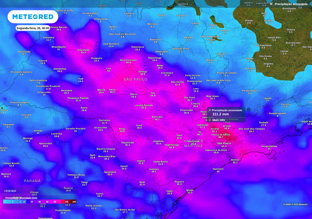 Previsão de chuva acumulada (mm) até o final de domingo (24), segundo o ECMWF. Previsão de chuva acumulada (mm) até o final de domingo (24), segundo o ECMWF.