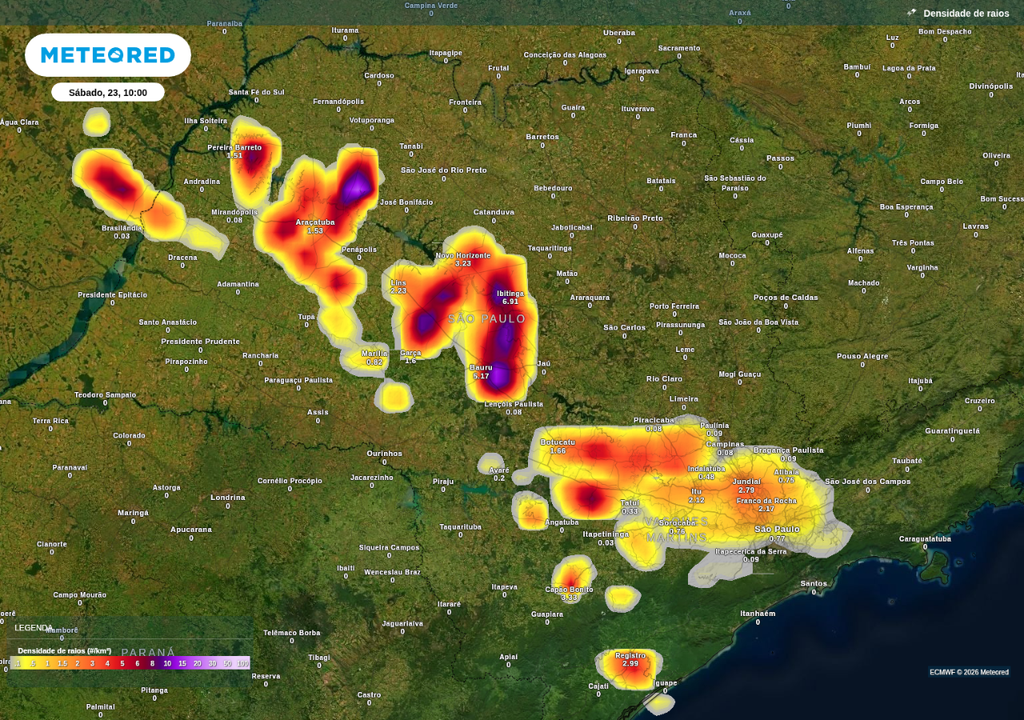 Previsão de tempestades neste sábado (23), segundo o ECWMF. Previsão de tempestades neste sábado (23), segundo o ECWMF.