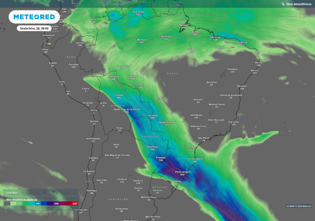 Previsão de rio atmosférico sobre o Sul do Brasil nesta sexta-feira (28), segundo o ECMWF. Previsão de rio atmosférico sobre o Sul do Brasil nesta sexta-feira (28), segundo o ECMWF.