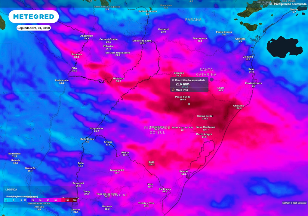 Previsão de chuva acumulada (mm) até o final de domingo (30), segundo o ECMWF. Previsão de chuva acumulada (mm) até o final de domingo (30), segundo o ECMWF.
