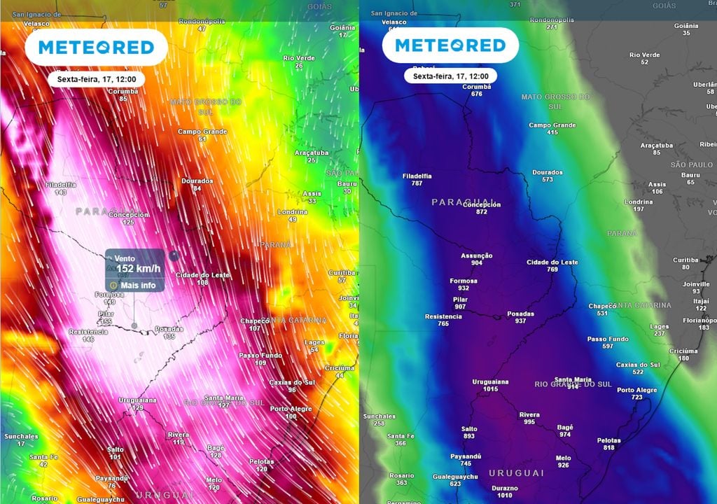 Previsão de ventos em 850 hPa e Rios Atmosféricos na sexta-feira ao meio-dia. Previsão de ventos em 850 hPa e Rios Atmosféricos na sexta-feira ao meio-dia mostra um Jato de Baixos Níveis associado a um intenso transporte de umidade em direção ao Rio Grande do Sul.